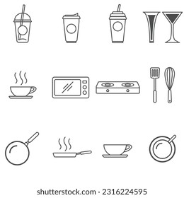 Kitchen icons set on white background. Hardware sign symbol. Concept object of dining, kitchen, drink, food. Line, outline and linear thin icon. Vector Illustration.