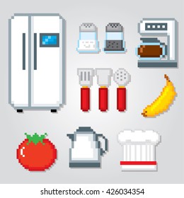 Kitchen icons set. Pixel art. Old school computer graphic style. Games elements.