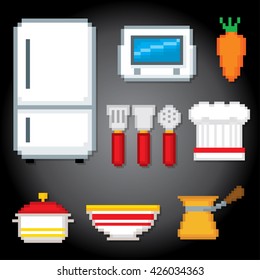 Kitchen icons set. Pixel art. Old school computer graphic style. Games elements.