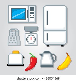 Kitchen icons set. Pixel art. Old school computer graphic style. Games elements.