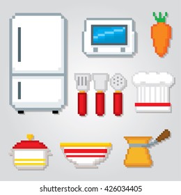 Kitchen icons set. Pixel art. Old school computer graphic style. Games elements.
