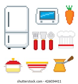 Kitchen icons set. Pixel art. Old school computer graphic style. Games elements.