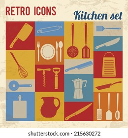 Kitchen icons set. Retro signs with grunge effect, vector illustration