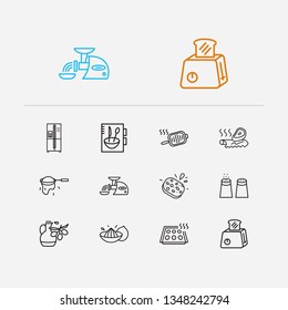 Kitchen icons set. Salt with pepper and kitchen icons with tin foil, cookery book and baking sheet. Set of bottle for web app logo UI design.