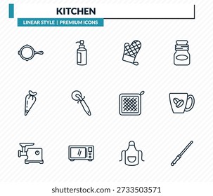 conjunto de ícones de cozinha - skillet, sabonete, mitten, caneca, afiador de faca coleção vetor contorno.
