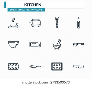 Conjunto de iconos de cocina: taza de té, tostadora, ablandador de carne, cuchara, bandeja de cubitos de hielo, colección de Vector de contorno.