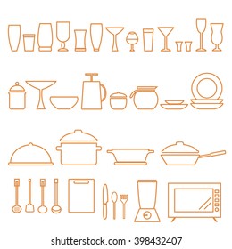 Kitchen Icons Set in Thin Line Style.  Kitchen Utensils outline icons. Kitchen tool collection. Vector illustration.
