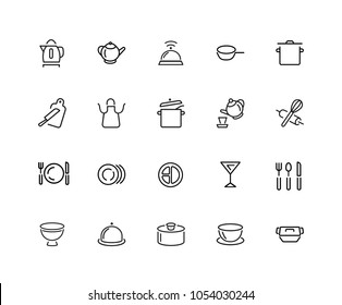 Kitchen icons. Set of twenty line icons. Kettle, portion, cutlery. Utensils concept. Vector illustration can be used for topics like cooking, housework