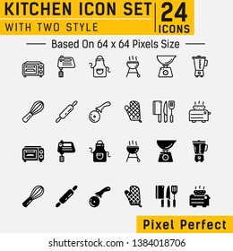 Kitchen icons set with two style. Kitchen icon set with color black and white in thin line style or outline style. Flat design