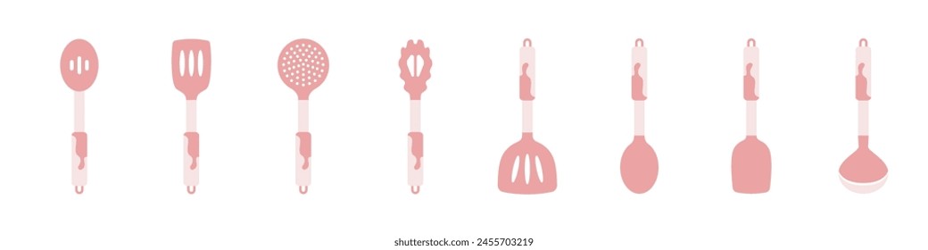 Kitchen icons set. Kitchen utensils icon set. Tools for cooking. Stylish spatulas, spoons, forks for cooking. Utensils for cooking are colored with patterns.
