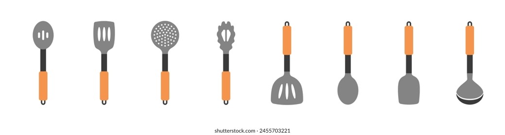 Kitchen icons set. Kitchen utensils icon set. Tools for cooking. Stylish spatulas, spoons, forks for cooking. Utensils for cooking are colored with patterns.