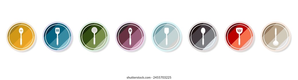 Kitchen icons set. Kitchen utensils icon set. Tools for cooking. Logo of a spoon, fork and spoon for cooking. Utensils for cooking are colored with patterns.