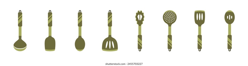 Kitchen icons set. Kitchen utensils icon set. Tools for cooking. Stylish spatulas, spoons, forks for cooking. Utensils for cooking are colored with patterns.