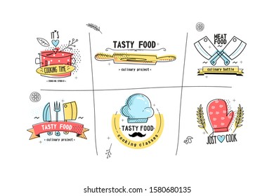 Kitchen icons set vector illustration. Collection of badges cooking time, tasty food, meet food, just cook with kitchenware, cook hat and mitten flat style concept