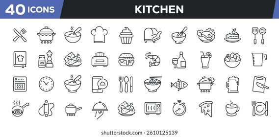 Kitchen icons set. Web line icons collection related cooking, food, drink, chef. Perfect pixel vector illustration isolated on white background.