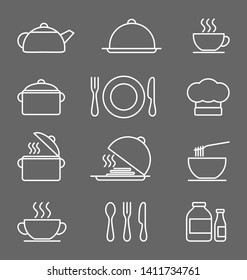 Kitchen icons set, White on a dark gray background vector icons in thin line style. Flat design