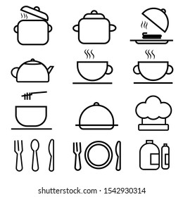 Kitchen icons set, White on a dark gray background icons in thin line style. Flat design