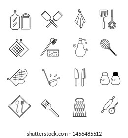 Kitchen icons set.Thin line style. Kitchen utensils, kitchen assistants, cooking items.Potholders, grater, pizza cutter,cutting Board,Cutlery,knives,towel,spatulas, dish washing equipment.Vector.