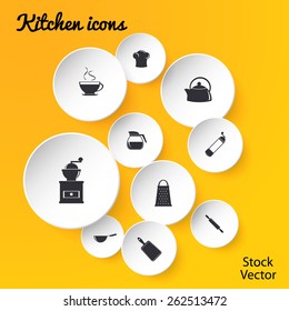 Kitchen icons with shadow on yellow background.