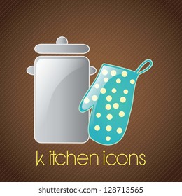 Kitchen Icons silver pot, and mitt. On brown background