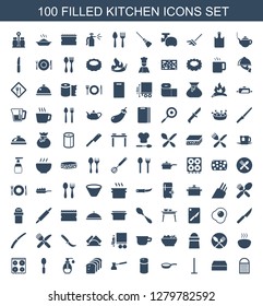 Kitchen Icons. Trendy 100 Kitchen Icons. Contain Icons Such As Sponge, Mop, Pan, Pepper, Turk, Bread, Soap, Spoon, Cooker, Soup, Spoon And Fork. Kitchen Icon For Web And Mobile.