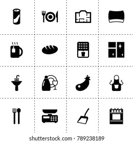Kitchen icons. vector collection filled kitchen icons. includes symbols such as eggplant, bread, coffee, sponge, clean window, dishes wash. use for web, mobile and ui design.