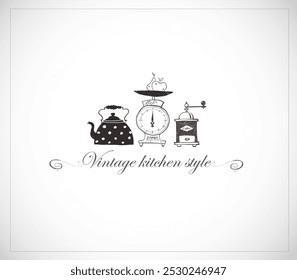 Ilustración de cocina con una tetera, báscula de pesaje y molinillo de café en un estilo minimalista en blanco y negro.