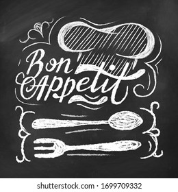 Afiche de tiza inspirador de cocina con ilustración vectorial con letras. Inscripción de apetito en estilo plano de pizarra. Horquilla cuchara y sombrero de chef. Concepto de diseño de las comidas