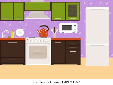 Kitchen interier. Bright interior in the style of flat. Kitchen furniture, appliances and items.