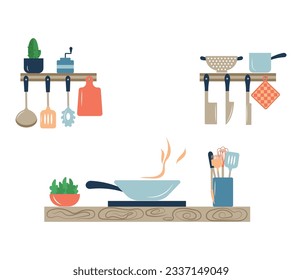 Kitchen interier. Cooking worktop with stove, frying pan, cutting board, storage jars.Vector flat illustration