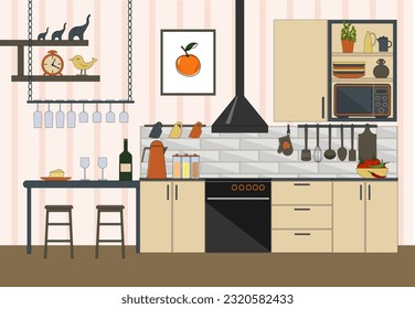 Kitchen interier. Kitchen furniture - cabinets with utensils, stove, microwave, food and a bar with glasses. Items for cooking. Vector. For the design of flyers, brochures and furniture stores.