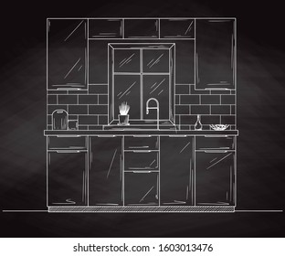 Kitchen interier. Kitchen furniture with a window opposite the sink. Vector illustration