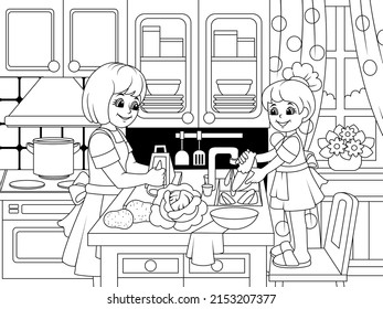 Interier de cocina. Mamá enseña a su hija a cocinar, lavar los platos y hacer las tareas domésticas. Ilustración vectorial, libro de colorear para niños.