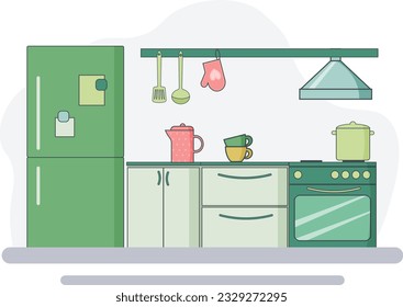 Kitchen interier. Stylish and modern design - cupboards with dishes, refrigerator and stove, kitchen accessories. Vector. Flat linear illustration. For the design of flyers, brochures and furniture