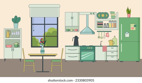 Kitchen interier. Stylish and modern design. Window with shutters, table and chairs, refrigerator, shelves and cabinets with dishes. Vector. For the design of flyers, brochures and furniture stores
