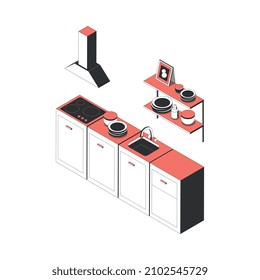 Kitchen interior with 3d cupboards cooker sink shelves hood isometric icon vector illustration