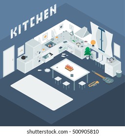 Kitchen interior after party. Kitchen room with kitchen furniture and appliances. From the kitchen on the scattered bottles and objects. Also coffee, tea, omelet, cat, musical instruments in kitchen. 