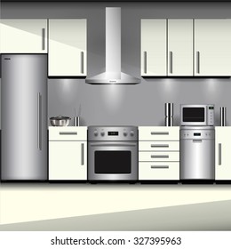 Kitchen interior with appliances isolated on background. Vector illustration
