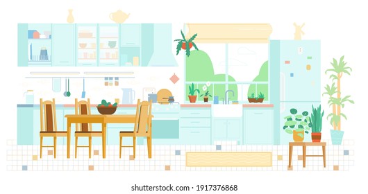 Kitchen Interior Background Flat Vector Illustration. Wooden Furniture, Table With Chairs, Window, Plants, Stove, Utensils, Fridge, Shelfs, Sink, Plate Rack.