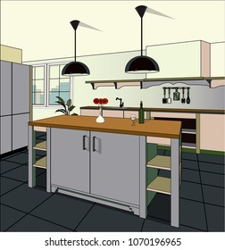 Kitchen interior background with furniture. Design of modern kitchen. Symbol furniture. Kitchen illustration