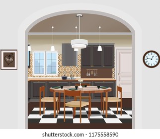 Kitchen interior background with furniture. Design of modern kitchen. Kitchen illustration