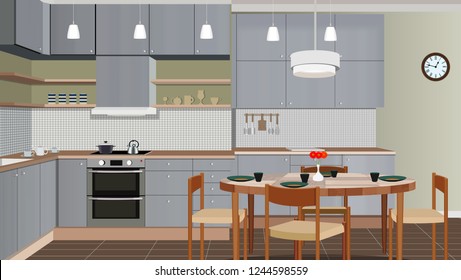 Kitchen interior background with furniture. Design of modern kitchen. Kitchen illustration