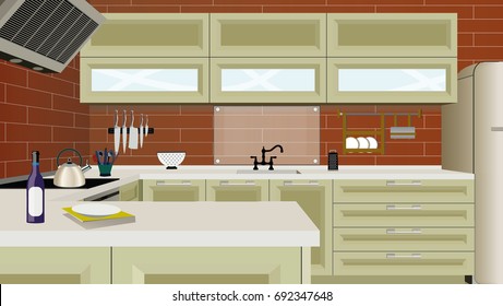 Kitchen interior background with furniture. Design of modern kitchen