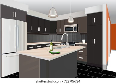 Kitchen interior background with furniture. Design of modern kitchen. Symbol furniture, kitchen illustration