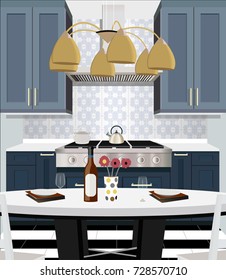 Kitchen interior background with furniture. Design of modern kitchen. Symbol furniture, kitchen illustration