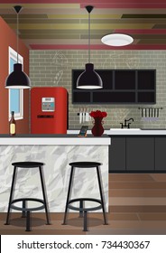 Kitchen interior background with furniture. Design of modern red kitchen. Symbol furniture, kitchen illustration