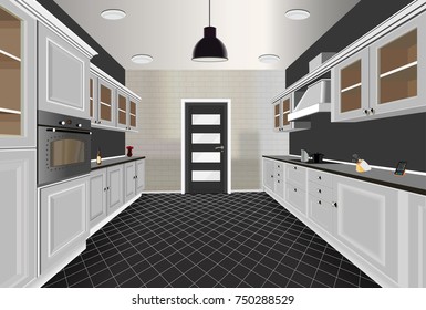 Kitchen interior background with furniture. Design of modern white kitchen. Symbol furniture, kitchen illustration