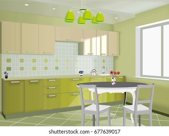 Kitchen interior background with furniture.Design of modern kitchen. Symbol furniture,kitchen illustration