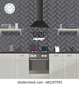 Kitchen interior background with furniture.Design of modern kitchen. Kitchen illustration.