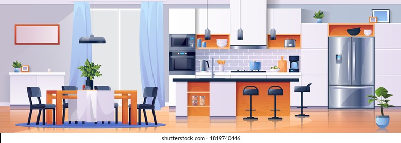 Kitchen interior background, modern home furniture, vector. Kitchen dining room table and appliances, cartoon flat design, stove or microwave oven and refrigerator, cupboard and kitchenware utensils